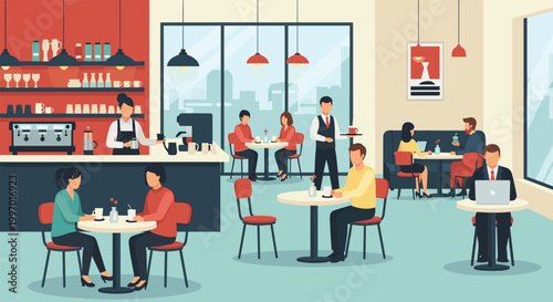 People enjoying coffee and working on laptops in a cozy and modern cafe with a barista serving at the counter.