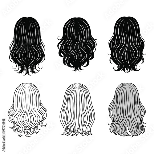 Six different hairstyle silhouettes of wavy locks and straight hair  various back views icon