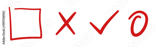 Red handdrawn symbols check cross square doodle