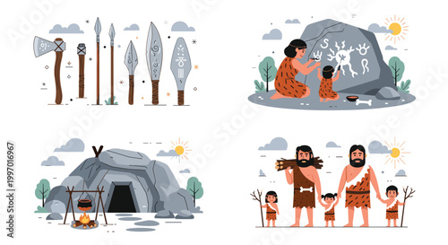 Various scenes of stone age life including hunting with spears, cave painting, and family life near a shelter.