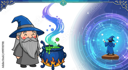 Illustrations of Wizard Brewing Potion and Casting Magic in Portal for Fantasy and Magical Designs