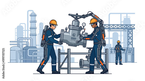 Industrial Workers with Exoskeletons Lifting Heavy Valve in Oil Refinery Plant with Control Room Background