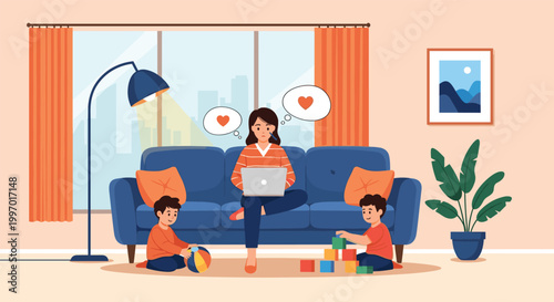 Busy mother working on a laptop from home while her young children play with toys on the floor nearby.