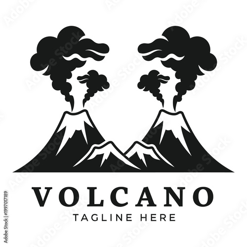 Volcanic landscape with erupting volcanoes and smoke  natural disaster icon icon