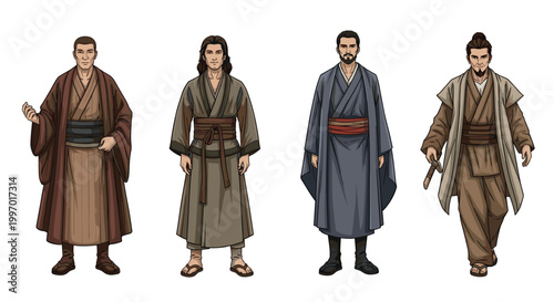 Four men in traditional robes, diverse styles and colors, standing together