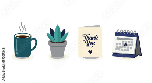 Desk essentials: coffee, plant, thank you card, and calendar for organization