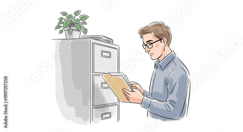 Man in glasses reviewing documents in a filing cabinet in an office