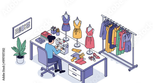 Fashion designer working in an isometric studio using a sewing machine to create new clothing designs for mannequins.