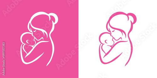 Logotipo con dibujo minimalista con líneas de una madre abrazando a su hijo, para tarjetas y felicitaciones del Día de la Madre 
