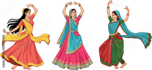 Indian Traditional Dance Women in Colorful Sarees Set with Various Poses for Cultural Events, Festivals, and Dance Illustrations