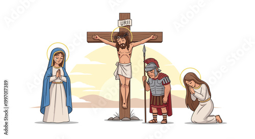 Jesus Christ crucified with Mary and Roman soldier at Golgotha