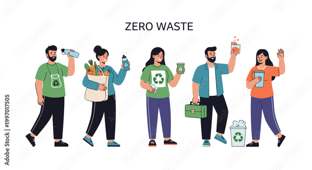 Obraz premium Group of eco-conscious people using reusable containers and bags to minimize waste in their daily life.