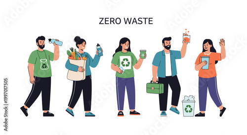 Group of eco-conscious people using reusable containers and bags to minimize waste in their daily life.