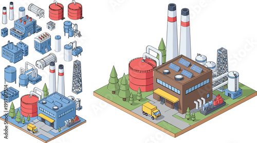 Industrial Factory and Equipment Set with Tanks, Towers, and Machinery for Manufacturing, Production, and Engineering Designs