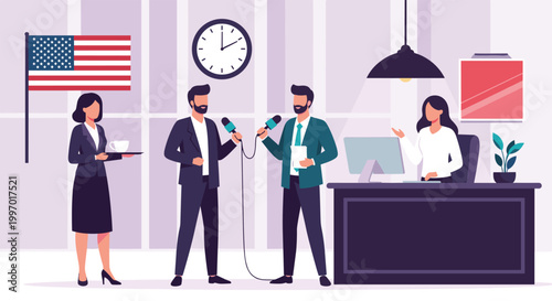 Reporters interviewing two politicians in a formal office setting with the American flag and a news anchor.