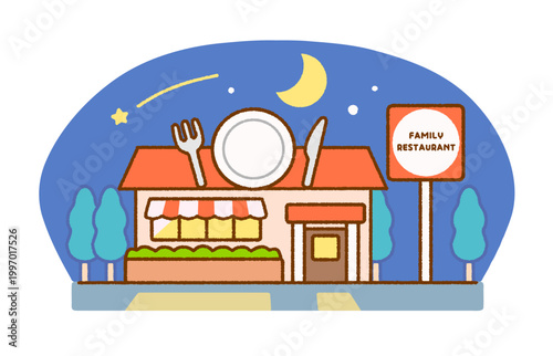 夜のファミリーレストラン外観イラスト｜飲食店・外食・建物