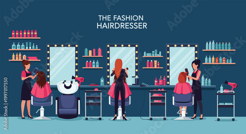 Professional hairdressers working on clients in a stylish and modern fashion salon with mirrors and styling tools.
