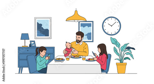 Family dinner scene features a father feeding a baby while his two daughters focus on their smartphones at the dining table.