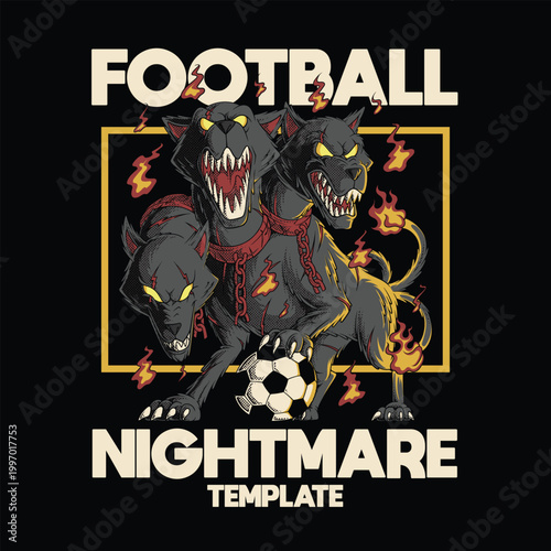 Retro Cartoon Scary Cerberus Mascot with Soccer Ball Emblem