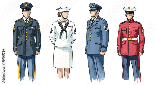 Diverse military uniforms displayed side-by-side for comparison and recognition
