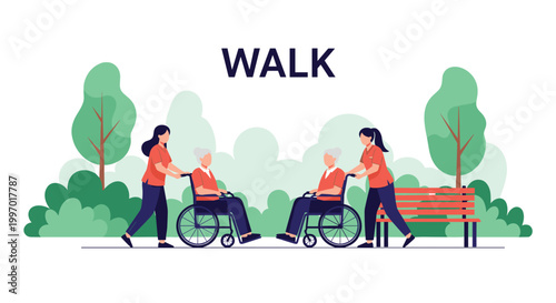 Caring nurses take elderly women in wheelchairs for a refreshing outdoor walk through a beautiful lush green park with benches.