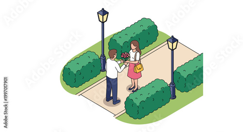 Romantic gesture shows a man presenting a bouquet of flowers to a woman on a park path flanked by green bushes and lamps.