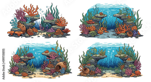 Vibrant underwater coral reef ecosystems showcase diverse sea life including sponges and aquatic plants arranged around rocky structures.