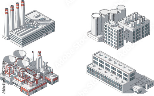 Isometric Industrial Facilities Collection with Power Plant Factory Refinery and Manufacturing Buildings, Engineering Infrastructure Vector Illustration Set