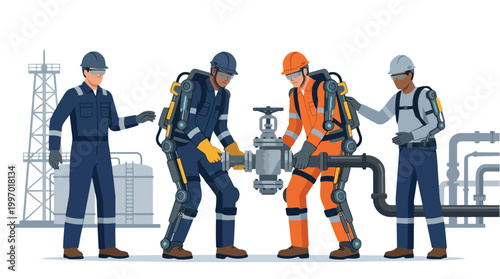 Diverse Industrial Workers with Exoskeletons Maintaining Oil and Gas Pipeline Infrastructure Vector Illustration