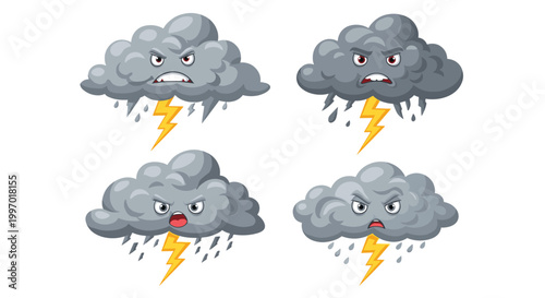 Four angry storm clouds with lightning and rain, cartoon style