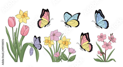 Springtime scene with colorful butterflies and blooming flowers