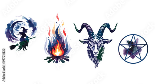 Witch, bonfire, goat head, and pentagram symbols for occult and witchcraft themes