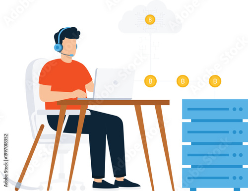 Young man crypto mining digital currency blockchain technology financial investment virtual money server rack cloud network remote worker data processing online trading computer screen