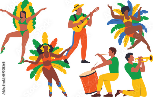 Brazilian carnival dancers and musicians set featuring samba performers in feathers with guitar drum and trumpet player vectors 18 words