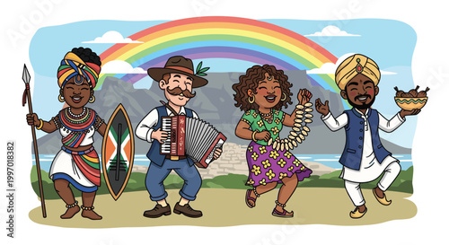 Diverse people celebrating together under a vibrant rainbow with mountains and sea