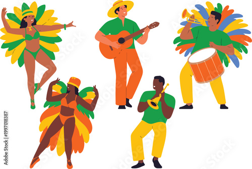 Brazilian carnival dancers and musicians set featuring samba performers in feathers with guitar drum and trumpet player vectors 18 words