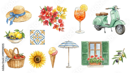 Mediterranean summer set, Italian travel lifestyle, food, flowers and coastal elements in soft watercolor style. Collection of Vector illustrations for invitation, card, poster, banner, decoration