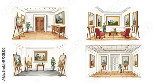 Diverse art gallery interiors showcasing paintings on easels and walls