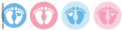 Baby footprint and heart icon collection, barefoot infant foot symbols with love and care theme, maternity and newborn care vector set, simple modern design.