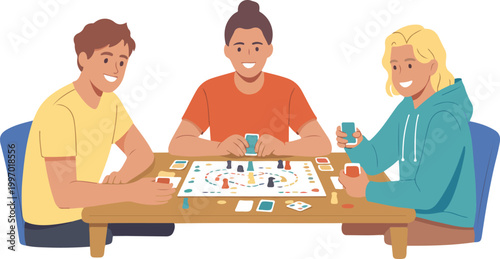 Happy group of friends sitting at table playing board game together with cards and pieces in flat illustration 18 words