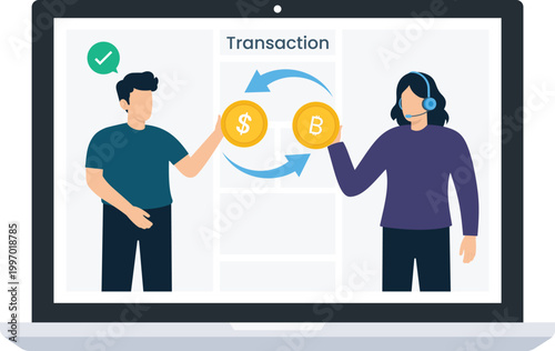 Digital transaction cryptocurrency exchange bitcoin dollar money transfer online finance financial technology peer exchange laptop screen customer service successful payment