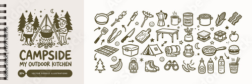 Camping and Outdoor Kitchen Doodle Illustration Set