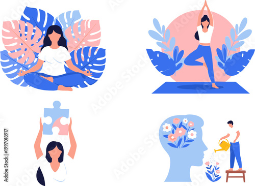 Mental Health and Wellness Illustration Set with Meditation Yoga Self Care Therapy and Personal Growth Concepts, Modern Flat Vector Design Collection