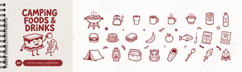 Camping Food and Drinks Vector Doodle Icon Set