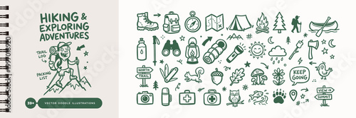Hiking and Camping Adventure Doodle Vector Set
