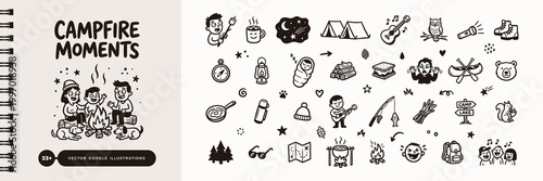 Camping and Outdoor Adventure Doodle Vector Illustration Set