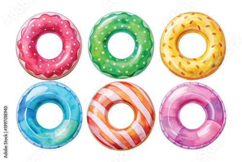 set of Watercolor Inflatable Ring Icon, Pool Float Clipart, vector illustration Isolated on White background