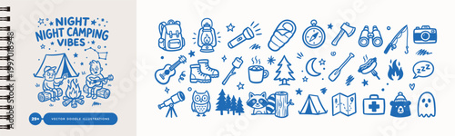 Night Camping Vector Doodle Illustrations Set