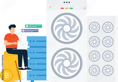 Cryptocurrency mining operation man sitting on bitcoin coins using laptop near server racks cooling fans digital finance blockchain technology earning money ASIC miner data center