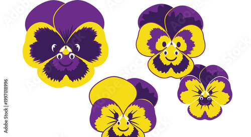 Cute cartoon pansy flowers with happy faces in purple and yellow